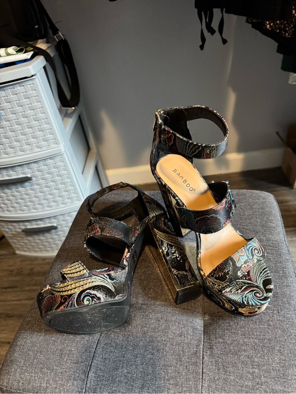Barba Black Brocade Floral Platform Sandals with Ankle Strap